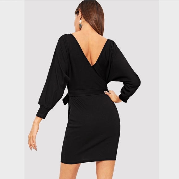 New! Batwing Sleeve Self-Tie Wrap Dress Black - Picture 5 of 7